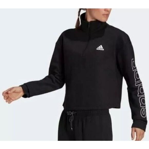 Adidas Essential Sleeve Logo Print Fleece Cropped 1/4-Zip Pullover Sweatshirt - Picture 1 of 8
